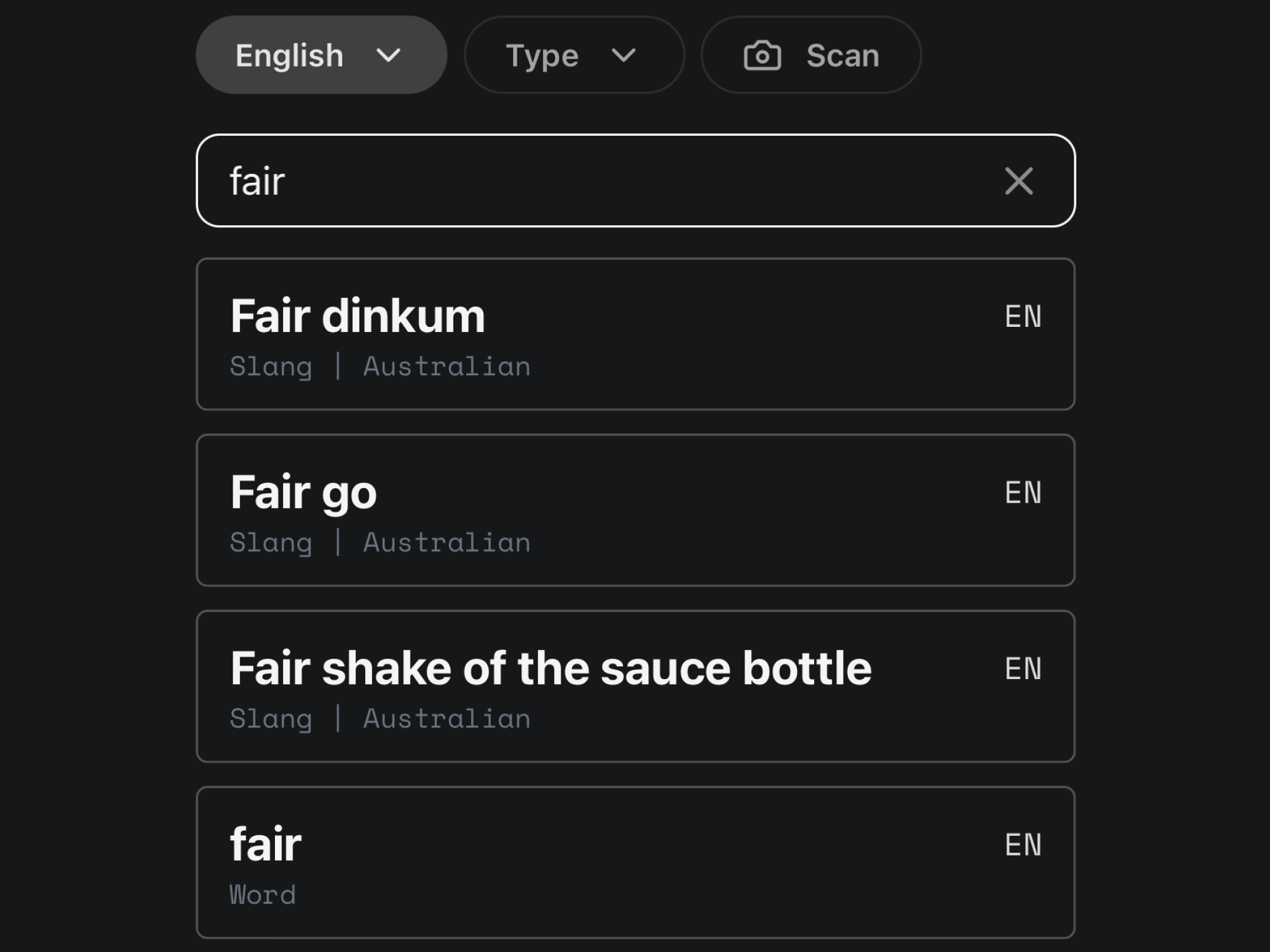Voqi vocabulary learning interface showing word search and learning features