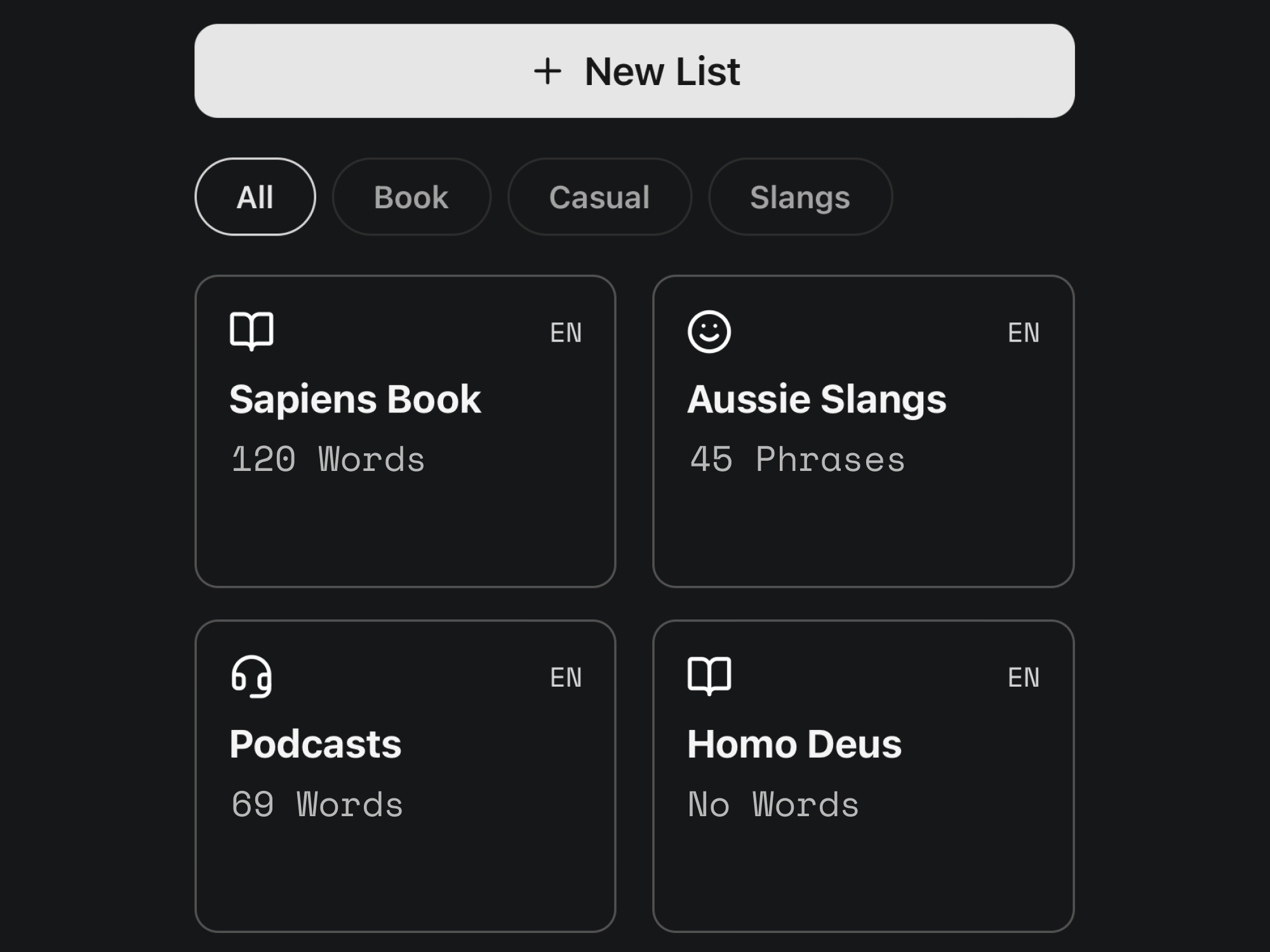 Voqi word lists interface showing vocabulary building features