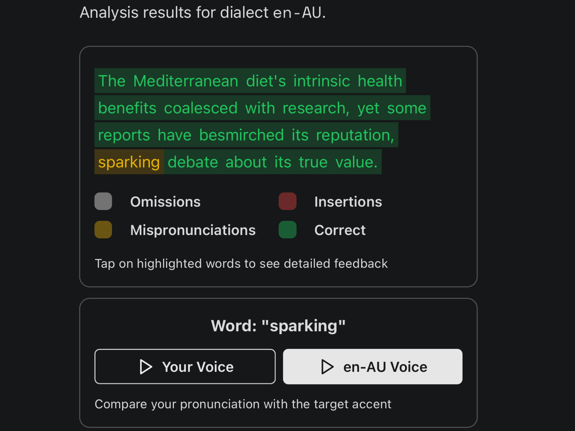 Voqi real-time feedback interface showing pronunciation analysis and scoring