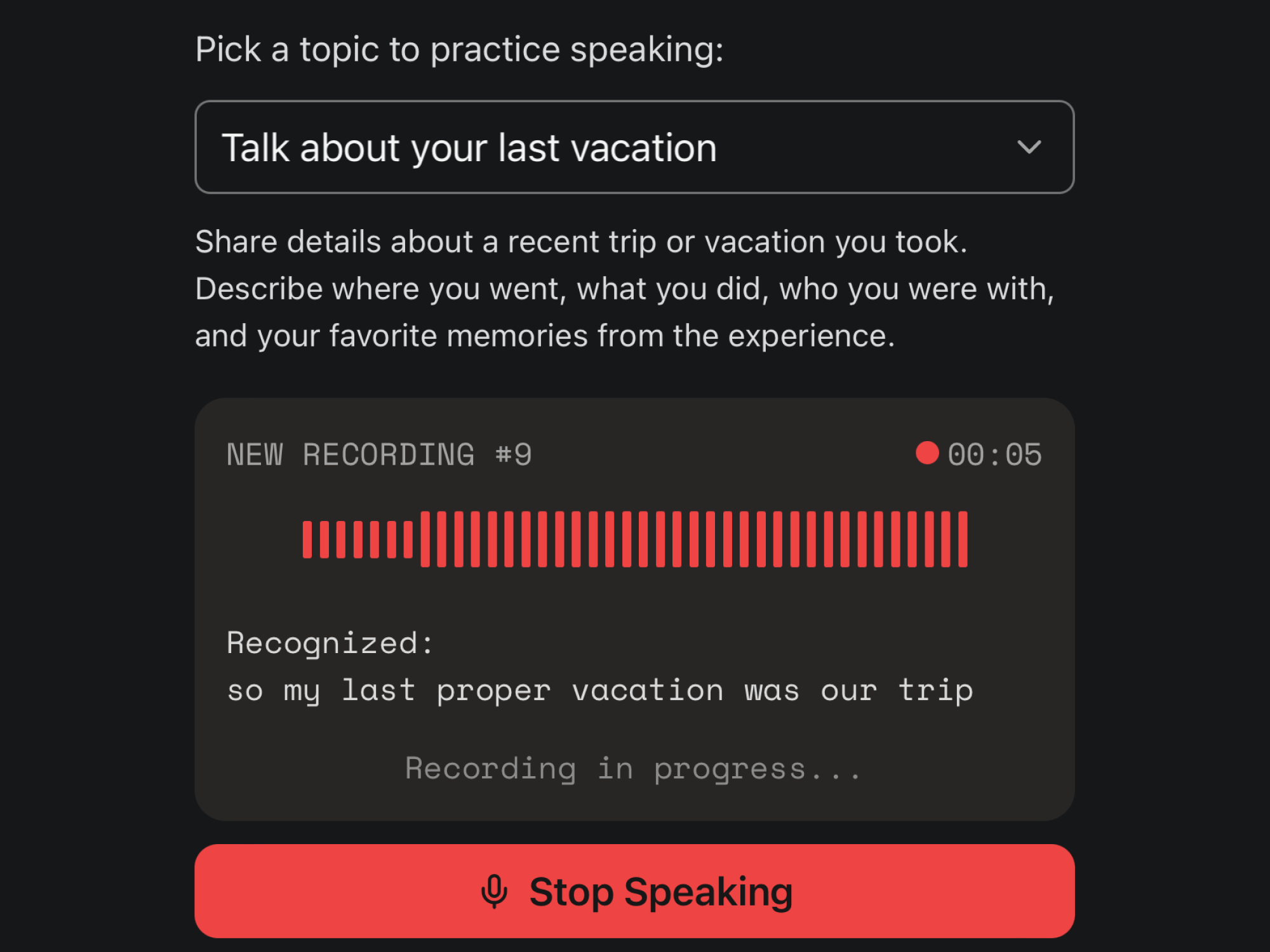 Voqi speaking challenge interface showing random topics and scoring system