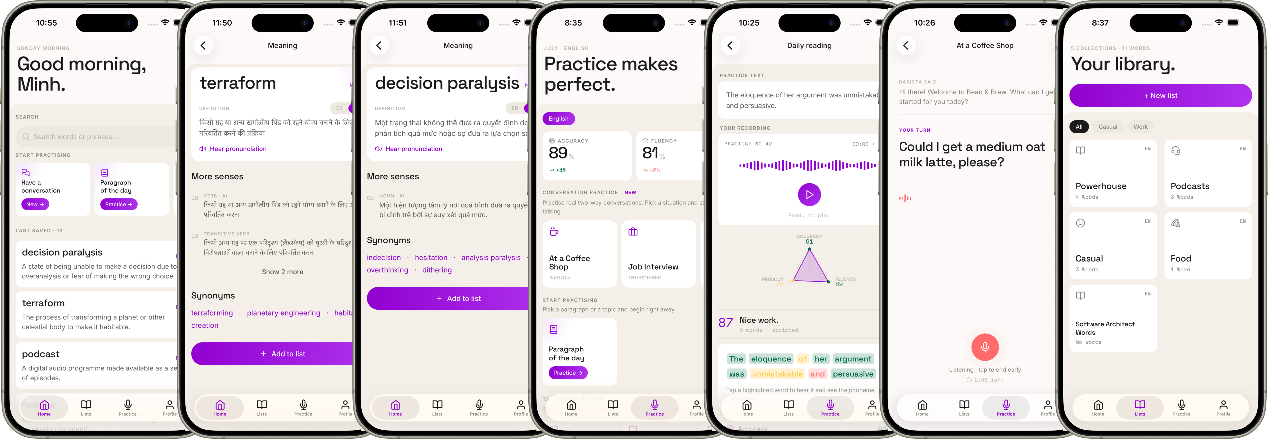 Voqi app screens: home with word search, meanings with translations, practice hub, pronunciation results, conversation practice and word lists